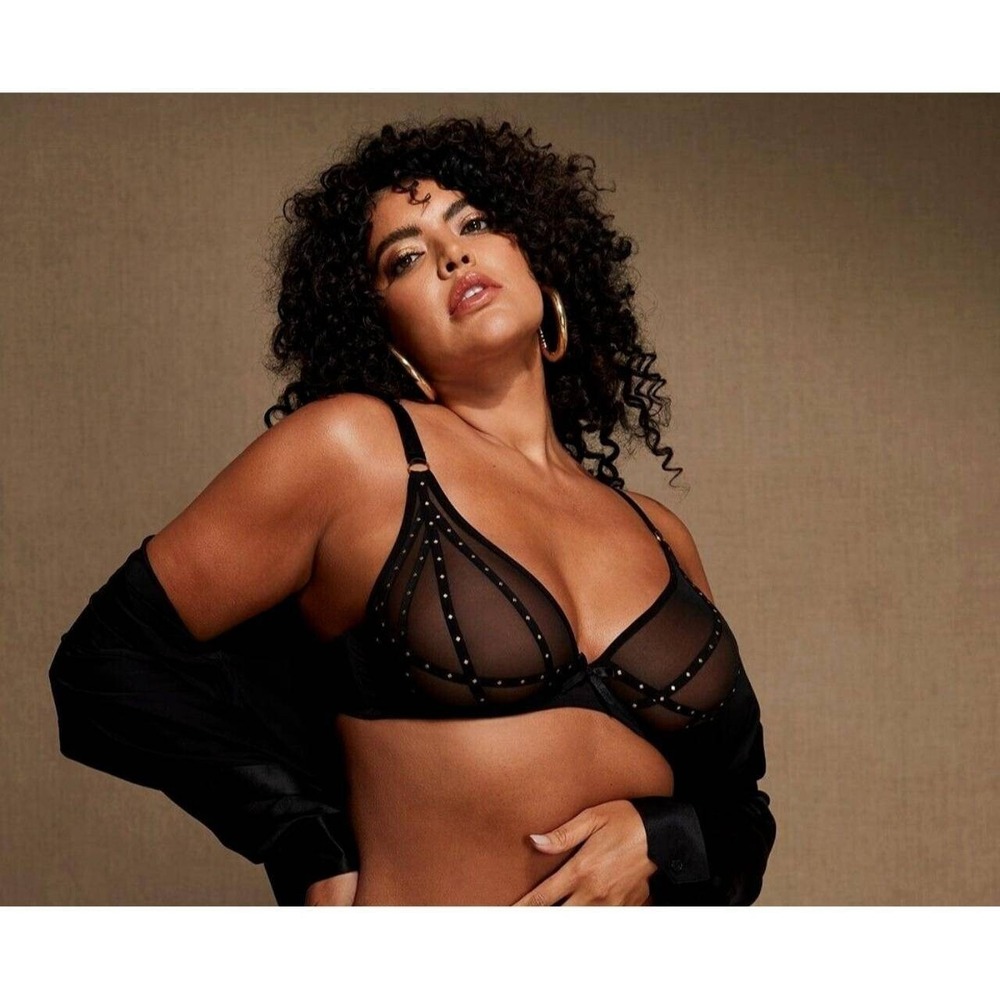 NWT Frederick's of Hollywood Rozlyn Sheer Mesh Bra Gold Studs Black Lingerie 32F